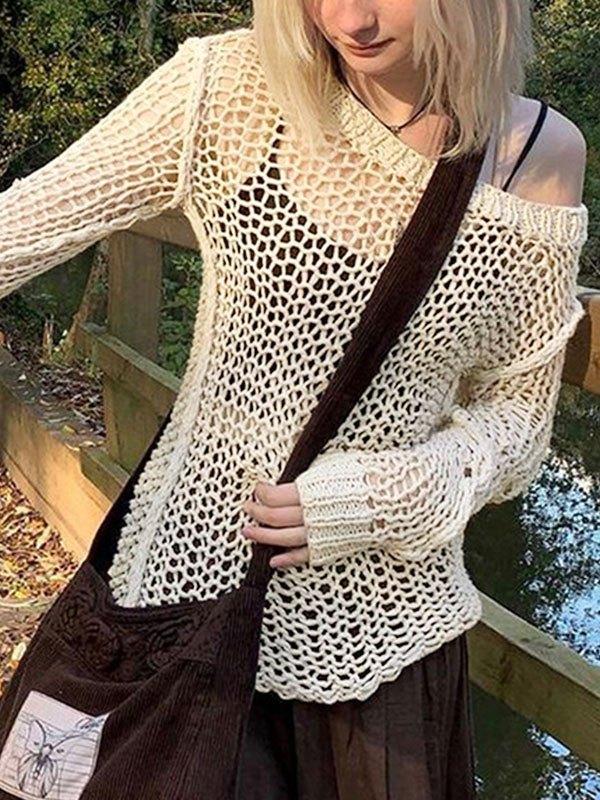 Crochet Hollow Long Sleeve Knit Top Product Image