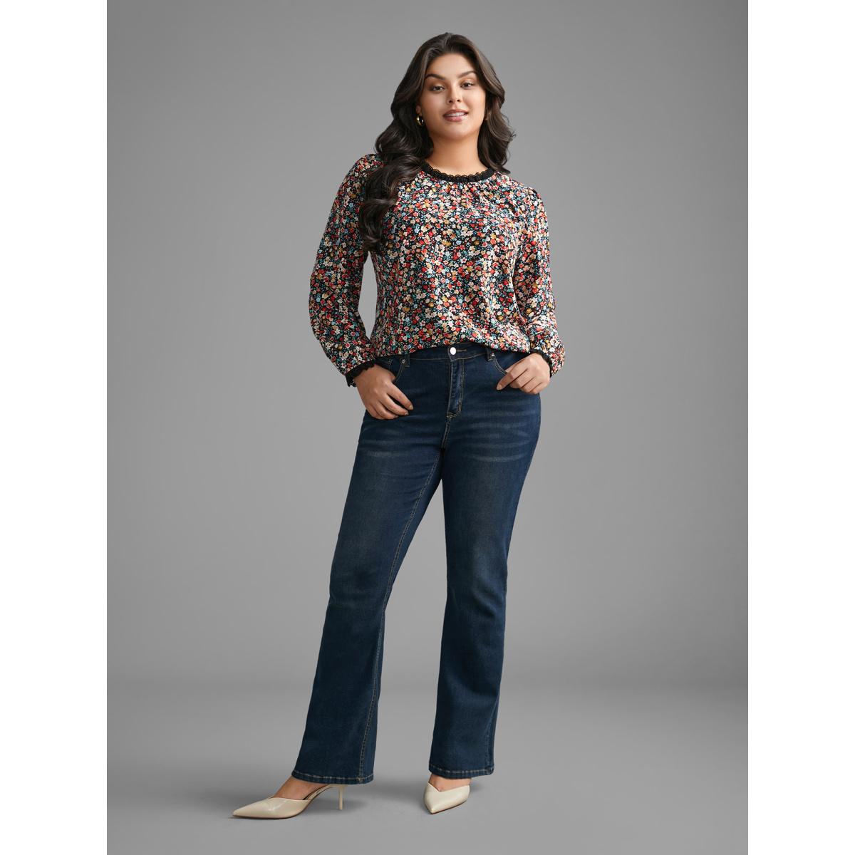 Plus Size Black Ditsy Floral Lace Patchwork Slit Hem Blouse Women Elegant Long Sleeve Stand-up collar Everyday Blouses BloomChic 10/M Product Image