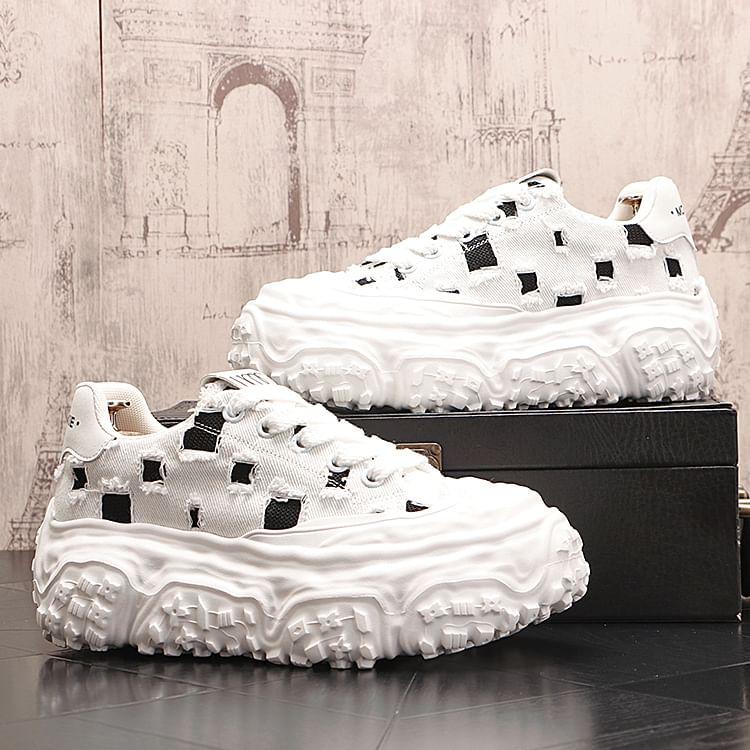 Platform Distressed Lace-Up Canvas Sneakers Product Image