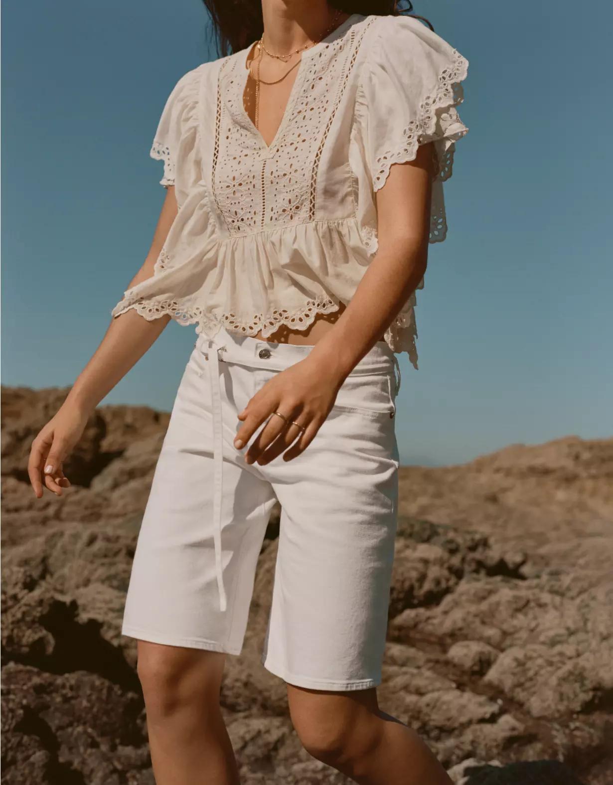 AE Notch Neck Ruffle Blouse Womens Product Image