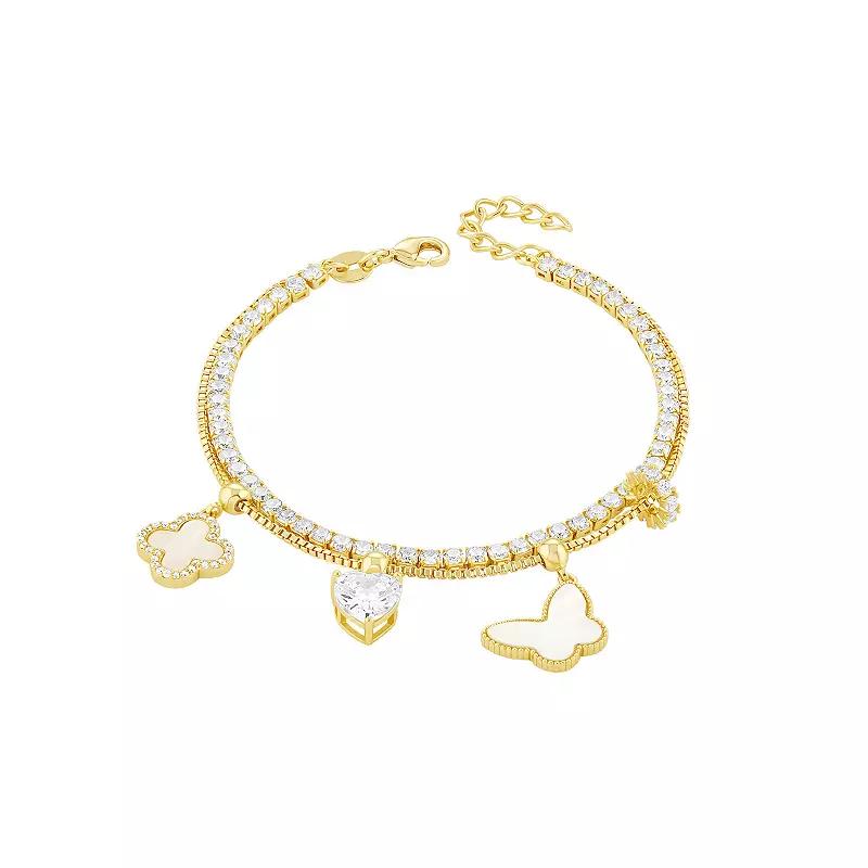 Brilliance 18k Gold Flash Plated Mother-of-Pearl Cubic Zirconia Butterfly, Heart & Clover Charm Double Row Bracelet, Women's, Size: 8.5", Gold Tone Product Image