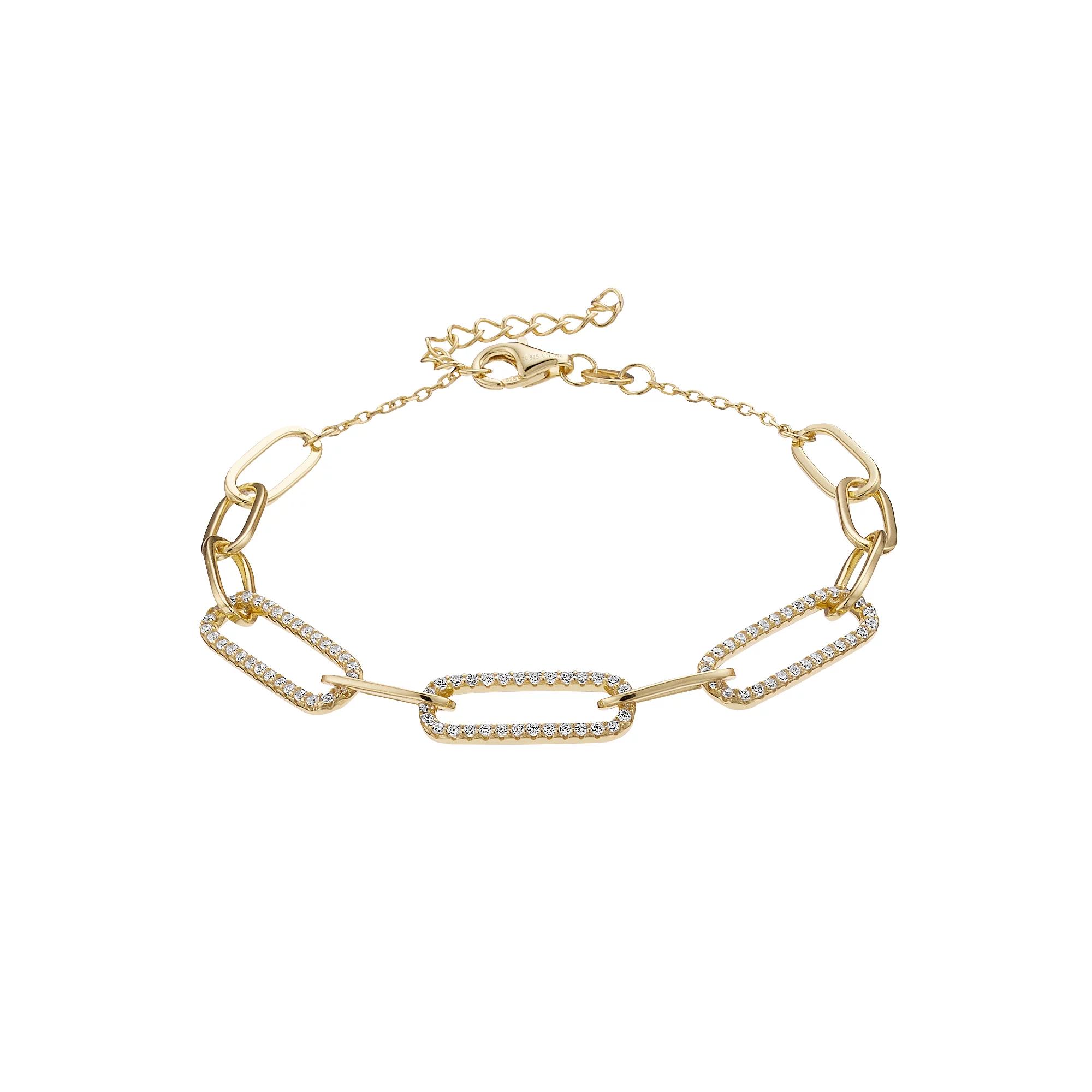 14k Gold Over Silver & Cubic Zirconia Oval Cable Link Adjustable Bracelet, Womens Gold Tone Product Image