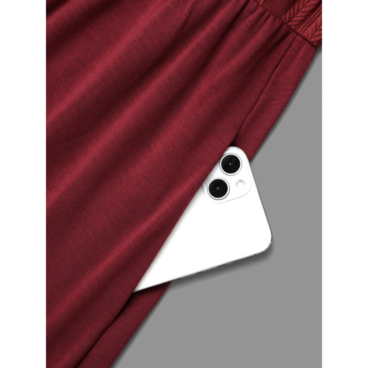 Plus Size Cable Knit Round Neck Elastic Waist Midi Dress Burgundy Women Casual Texture Knit Dresses Bloomchic 10/M Product Image