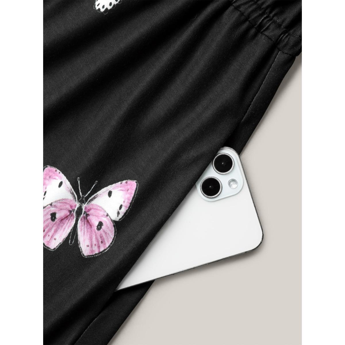 Plus Size Butterfly Print Waist-Tie Midi Dress BlackFlower Women Casual Drawstring Knit Dresses Bloomchic 22-24/3X Product Image