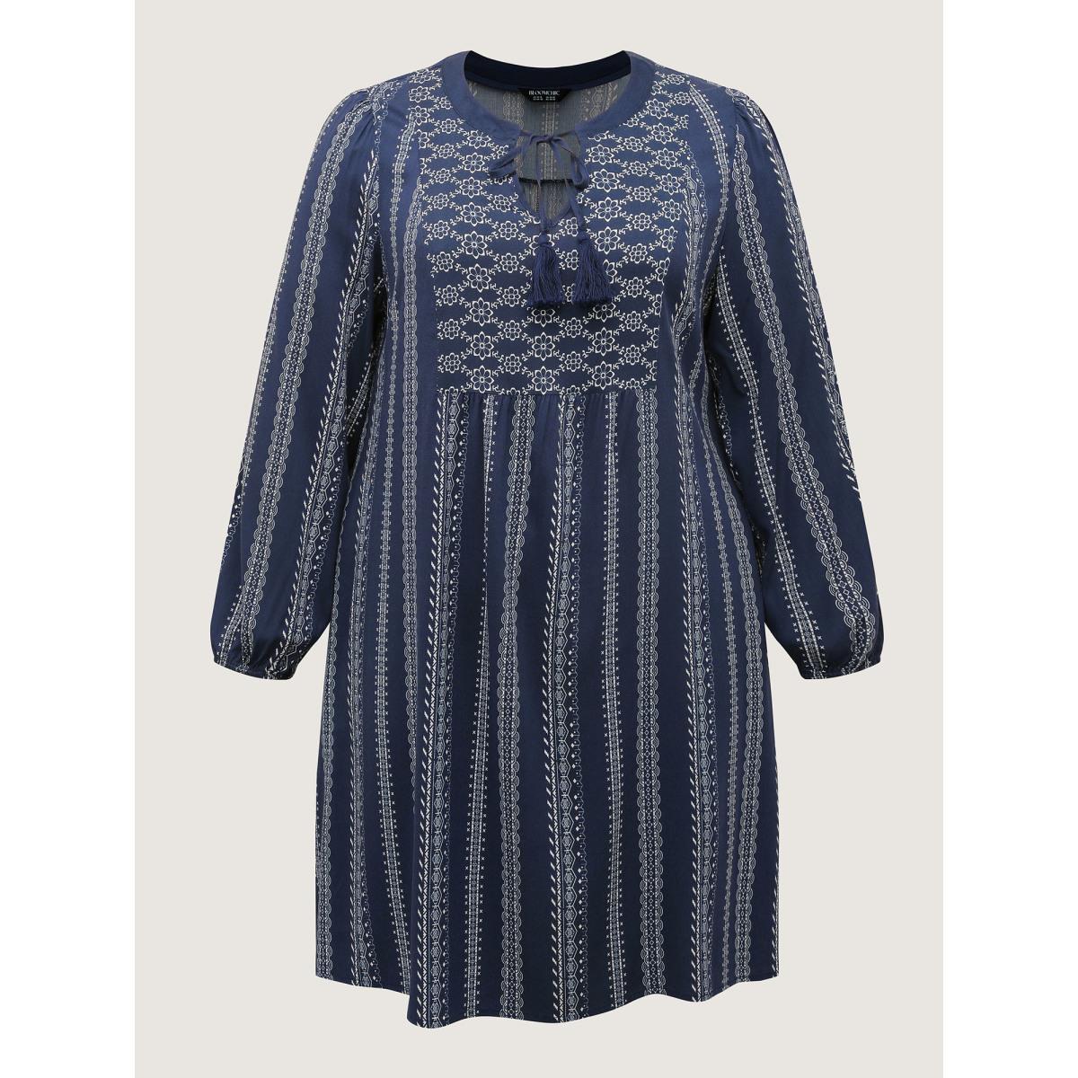 Plus Size Boho Stripe Notched Collar Ties Midi Dress DarkBlue Women Boho Flat collar with V-notch Long Sleeve Curvy BloomChic 28/5X Product Image