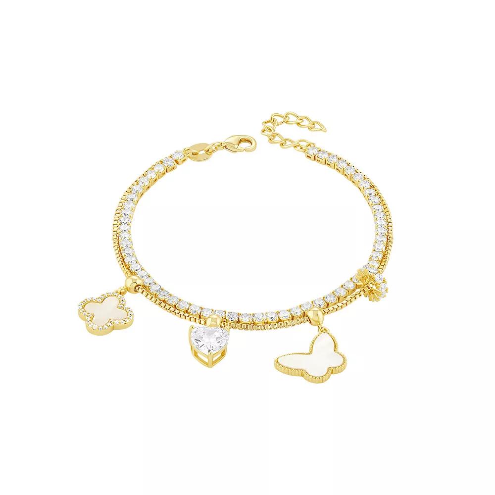 Brilliance 18k Gold Flash Plated Mother-of-Pearl Cubic Zirconia Butterfly, Heart & Clover Charm Double Row Bracelet, Women's, Size: 8.5", Gold Tone Product Image