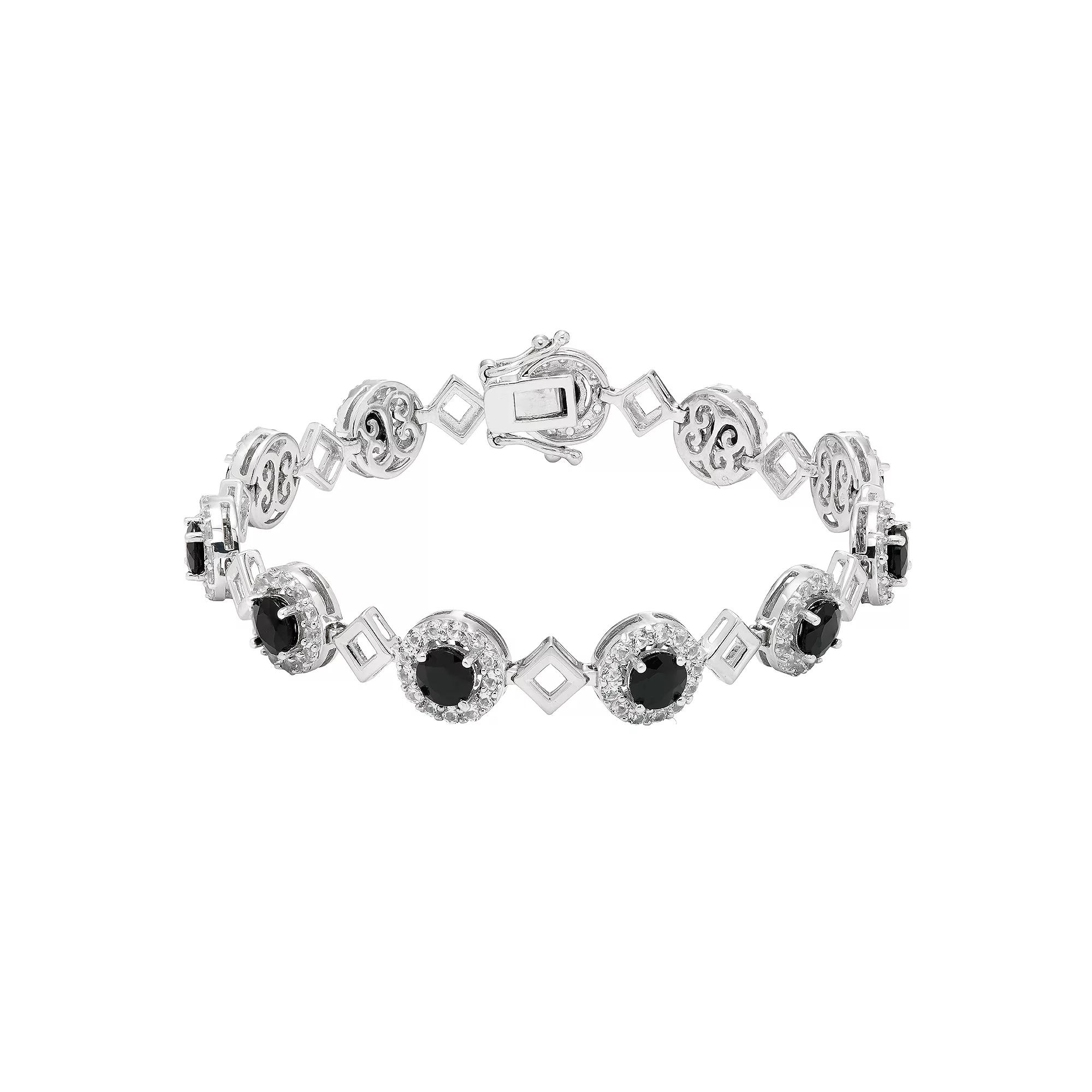 Sterling Silver Onyx & Lab-Created White Sapphire Halo Link Bracelet, Women's, Size: 7.5" Product Image