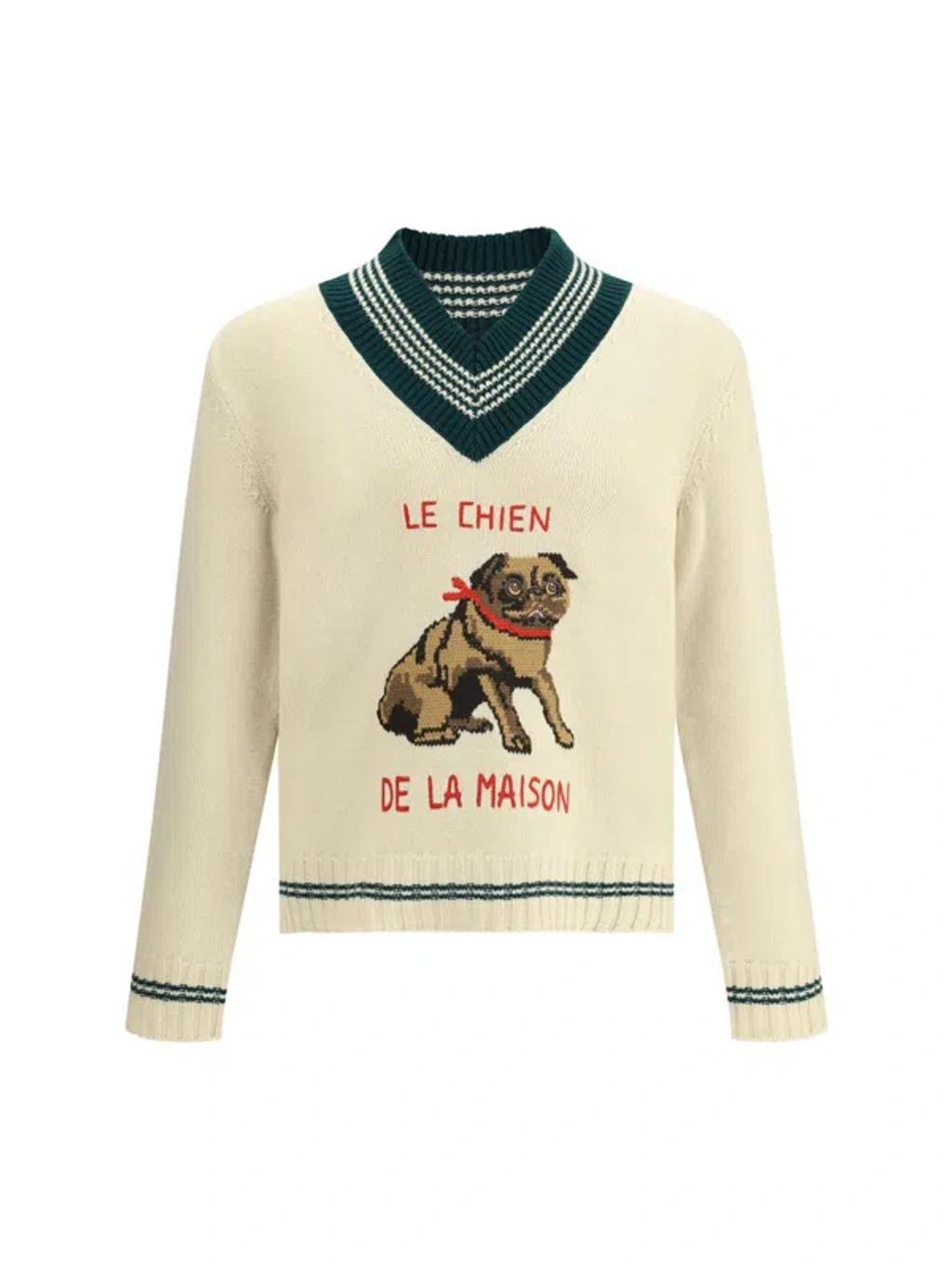 VALENTINO Embroidered V-neck Crewneck Sweater With Ribbed Trim In White Product Image