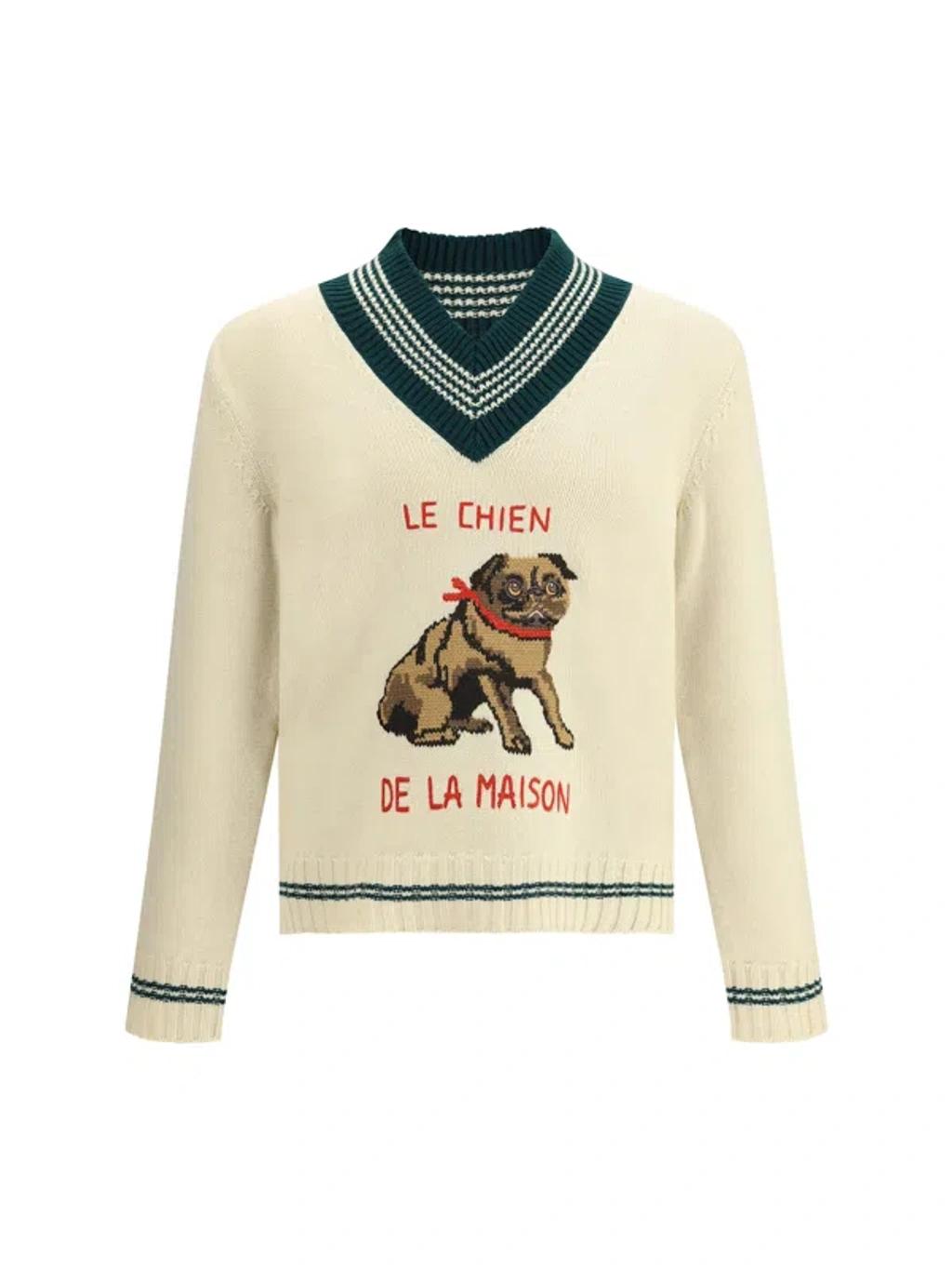 VALENTINO Embroidered V-neck Crewneck Sweater With Ribbed Trim In White Product Image