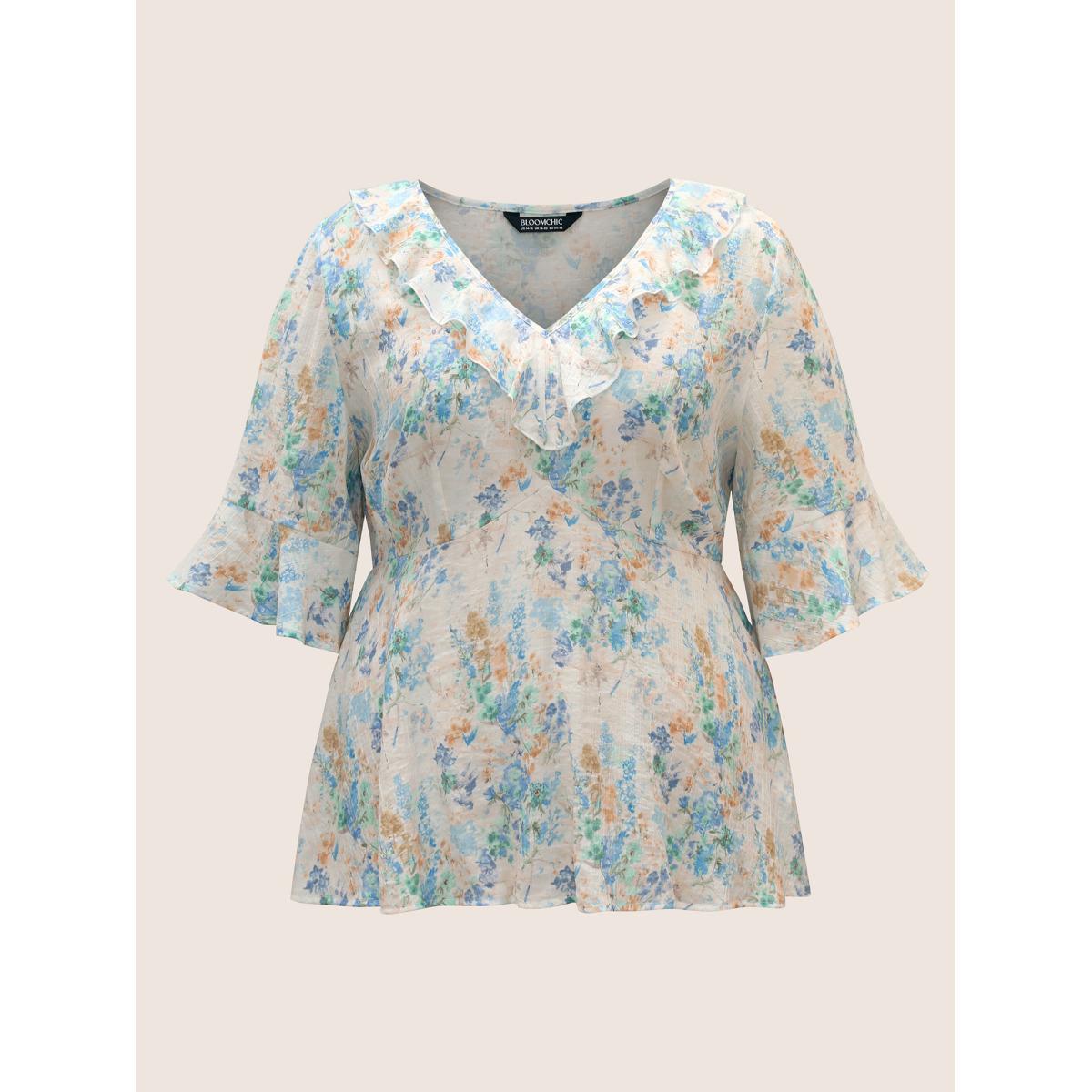 Plus Size LightBlue Floral Bell Sleeve Ruffle Trim Blouse Women Elegant Elbow-length sleeve V-neck Everyday Blouses BloomChic 28/5X Product Image