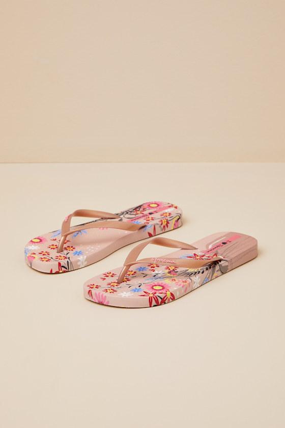 Verao Tropical Beige and Gold Floral Flip Flops Product Image
