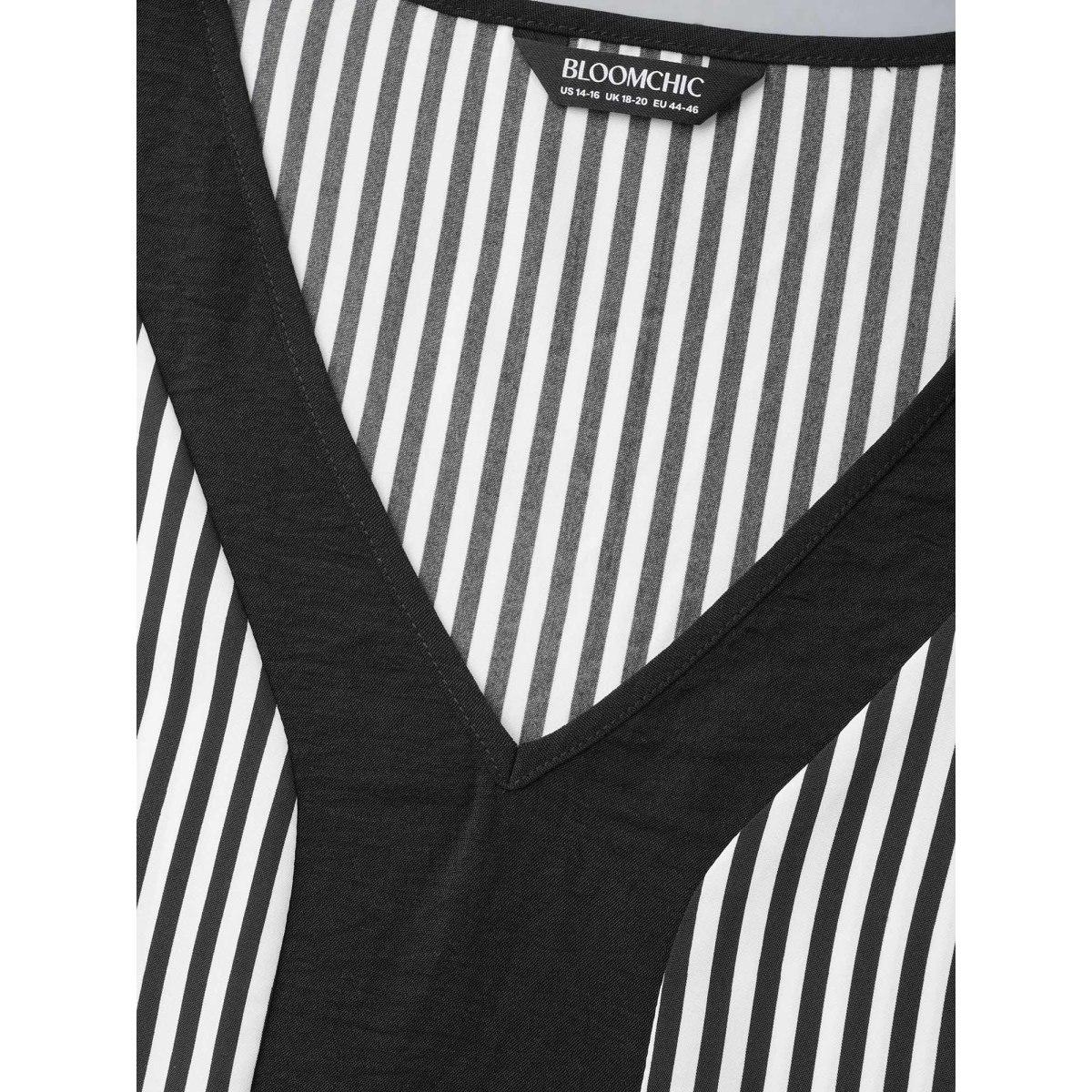 Plus Size Black V Neck Striped Patchwork Blouse Women At the Office Extra Long Sleeve V-neck Work Blouses BloomChic 10/M Product Image