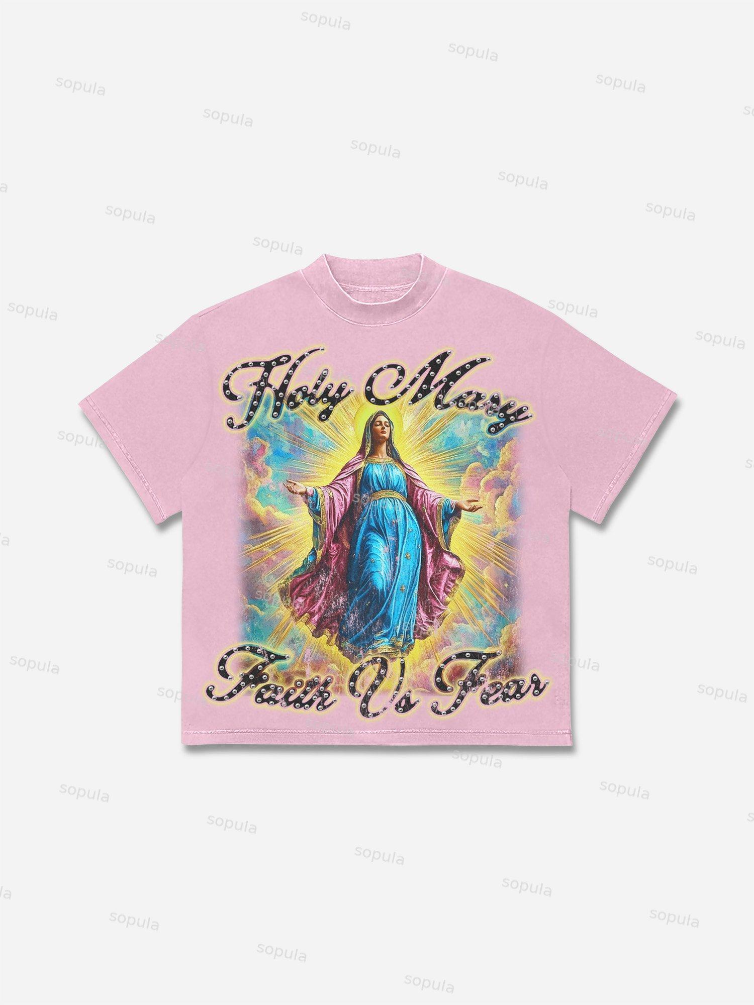 Men's Faith Vintage Holy Mary Graphics Cotton T-shirt Product Image