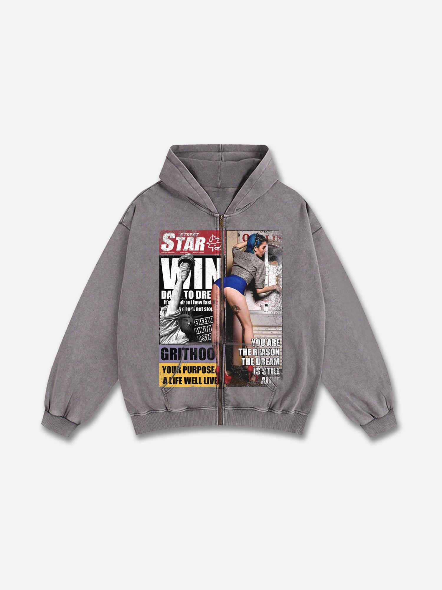 New York Times Street Star Vintage Graphic Washed Zip-Up Hoodie Product Image