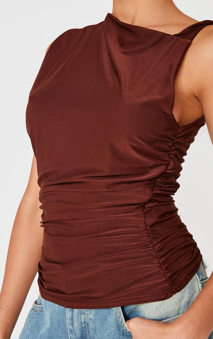 Chocolate Slinky Ruched Twist Strap Detail Long Top Product Image