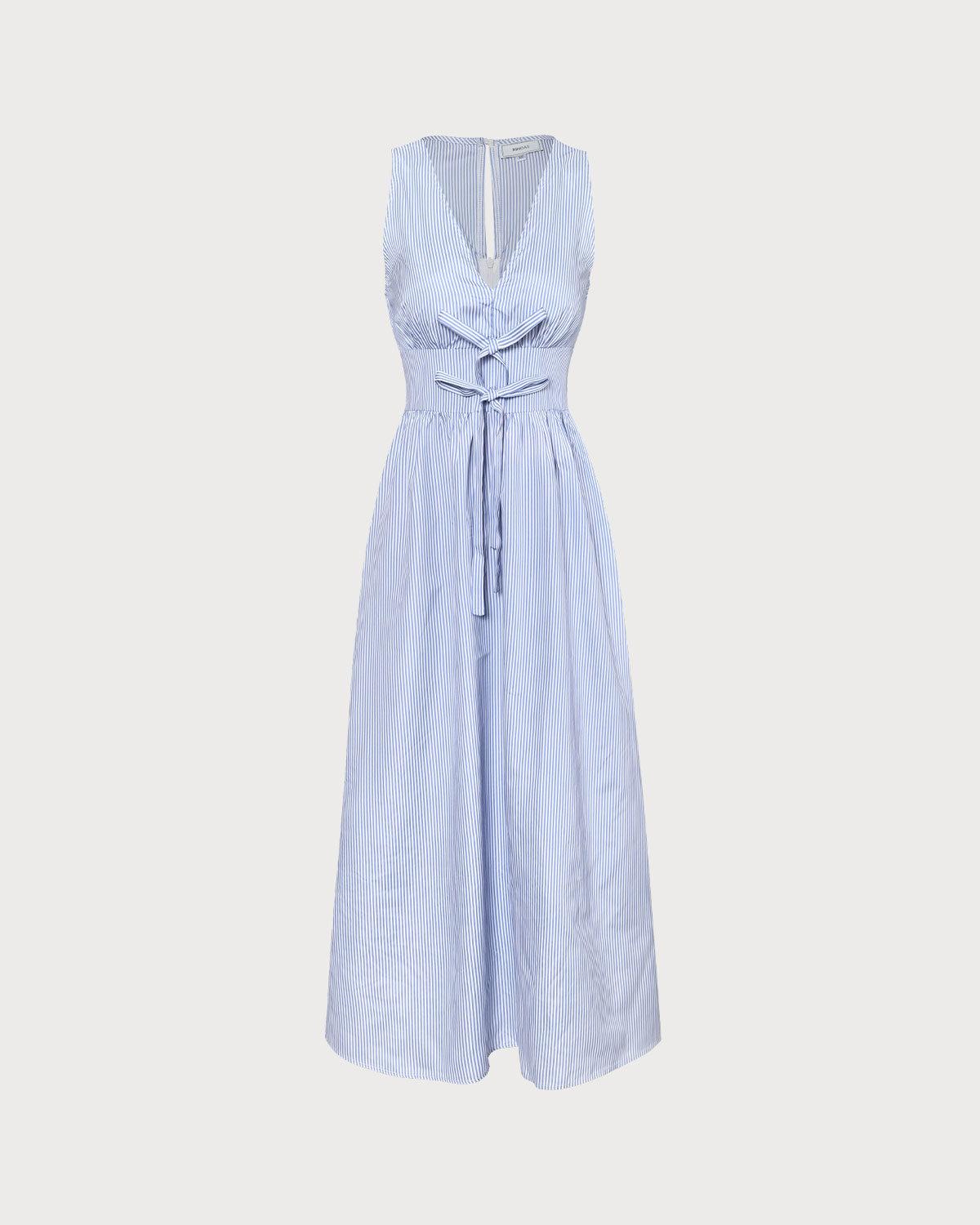 The Blue V Neck Shirred Striped Maxi Dress Product Image