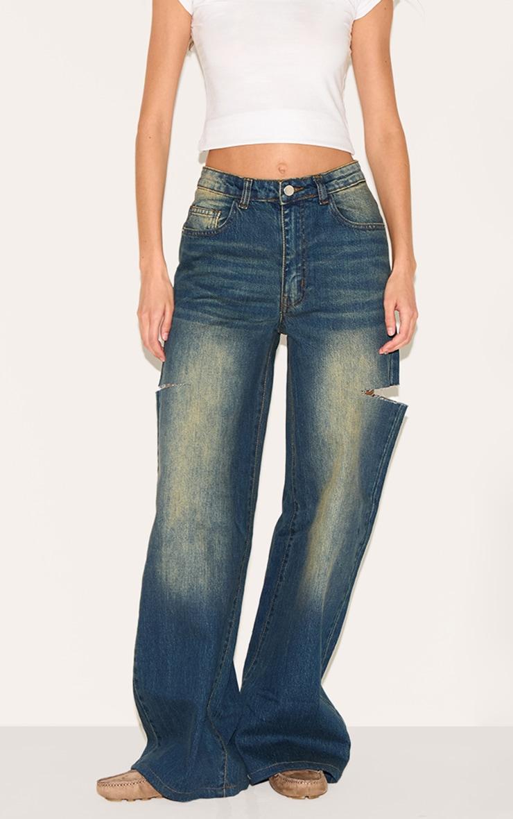 Vintage Wash Thigh Split Detail Wide Leg Jeans Product Image