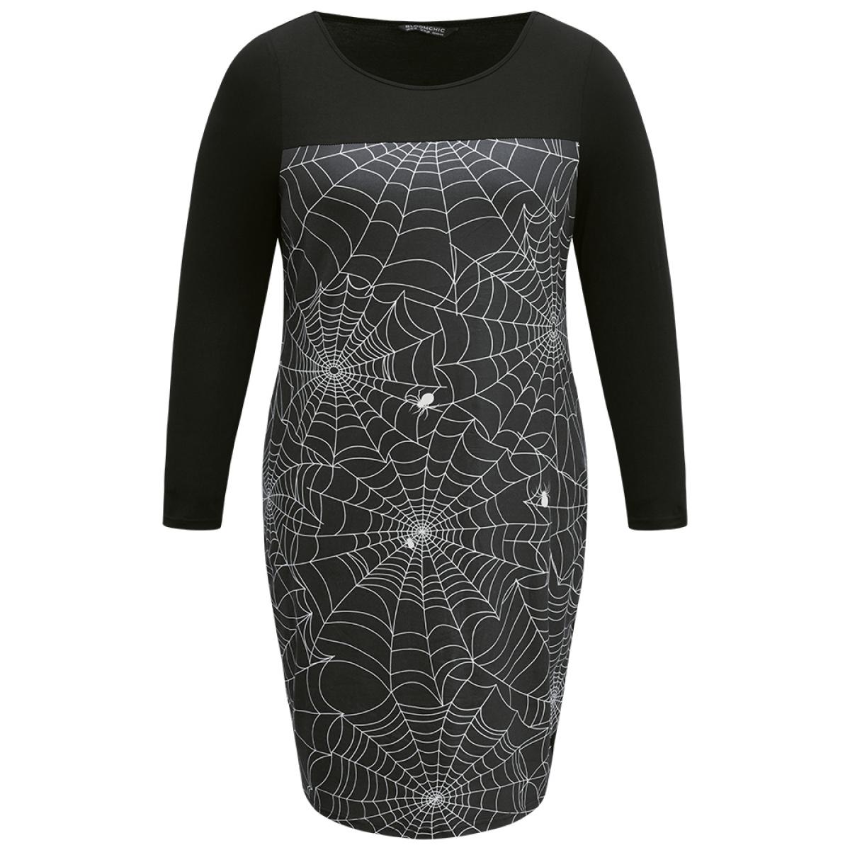 Plus Size Halloween Spider Web Patchwork Crew Neck Dress BlackFlower Women Office Contrast Round Neck Long Sleeve Curvy Midi Dress BloomChic 10/M Product Image