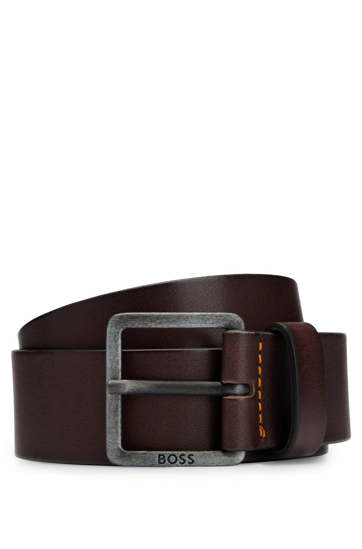 Leather belt with logo and dark ruthenium hardware Product Image