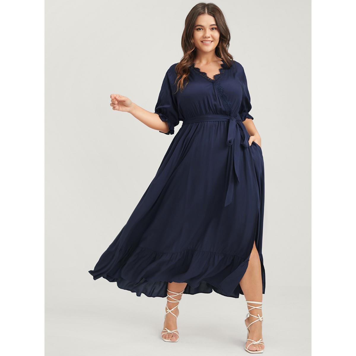 Plus Size Solid Knotted Pocket Lace Trim Wrap Maxi Dress Navy Women Elegant Patchwork V-neck Half Sleeve Curvy Midi Dress BloomChic 10/M Product Image