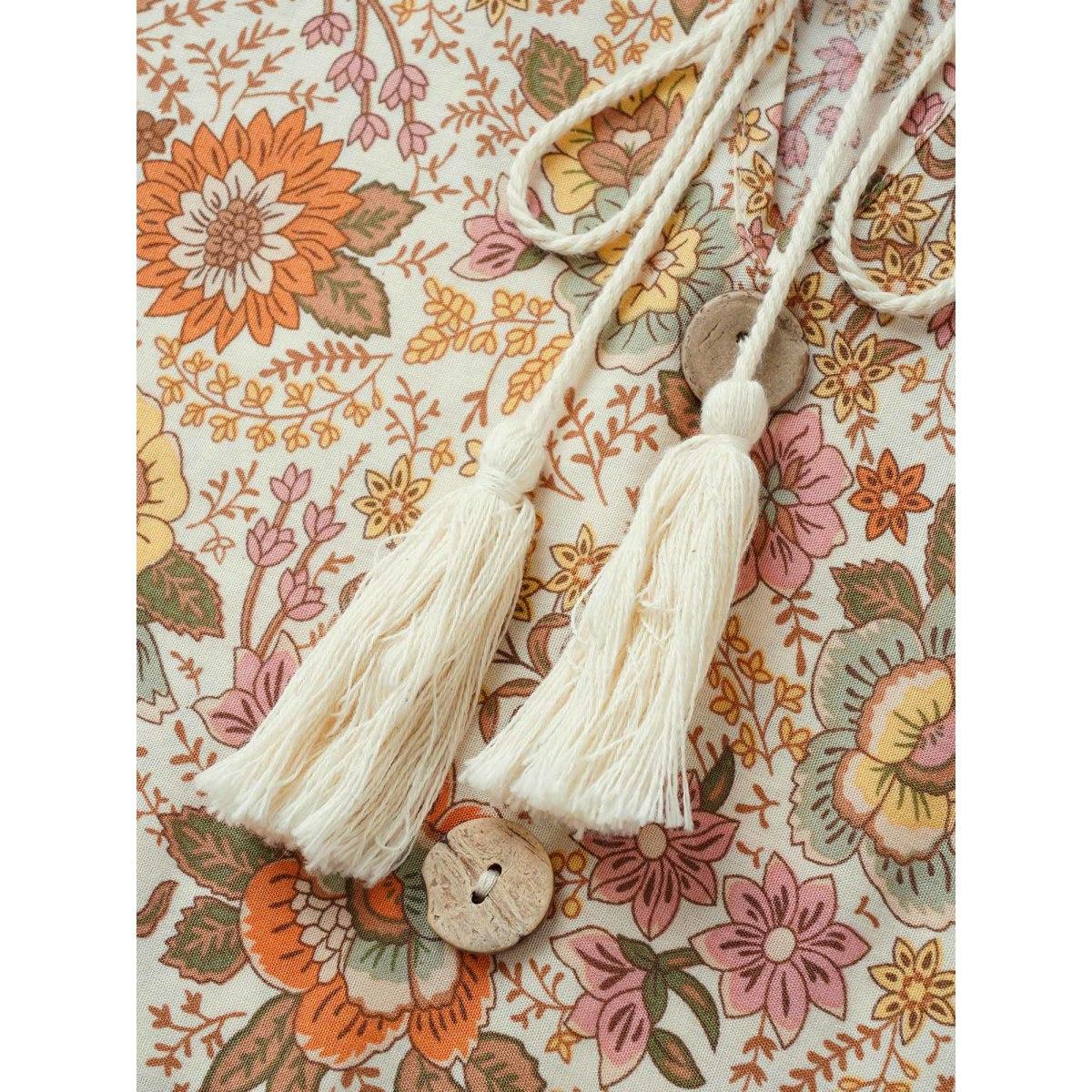 Plus Size Apricot Rayon Boho Print Button Detail Tie Neck Blouse Women Resort Elbow-length sleeve Notched collar Vacation Blouses BloomChic 10/M Product Image