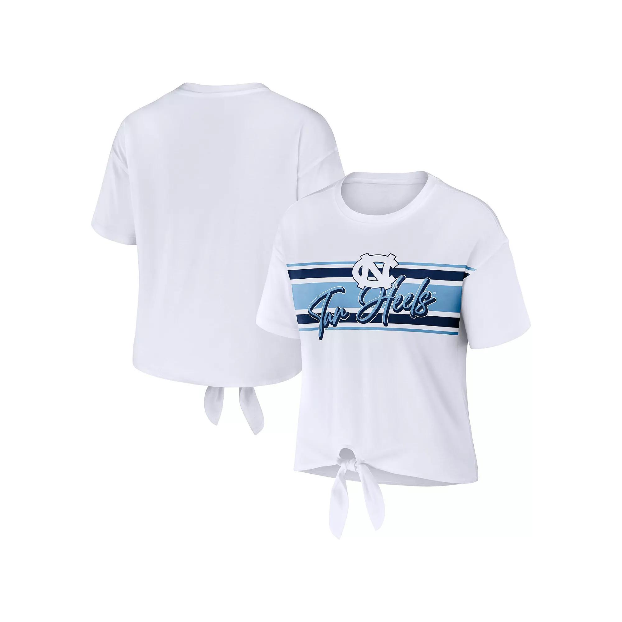 Women's WEAR by Erin Andrews White North Carolina Tar Heels Striped Front Knot Cropped T-Shirt, Size: XL Product Image