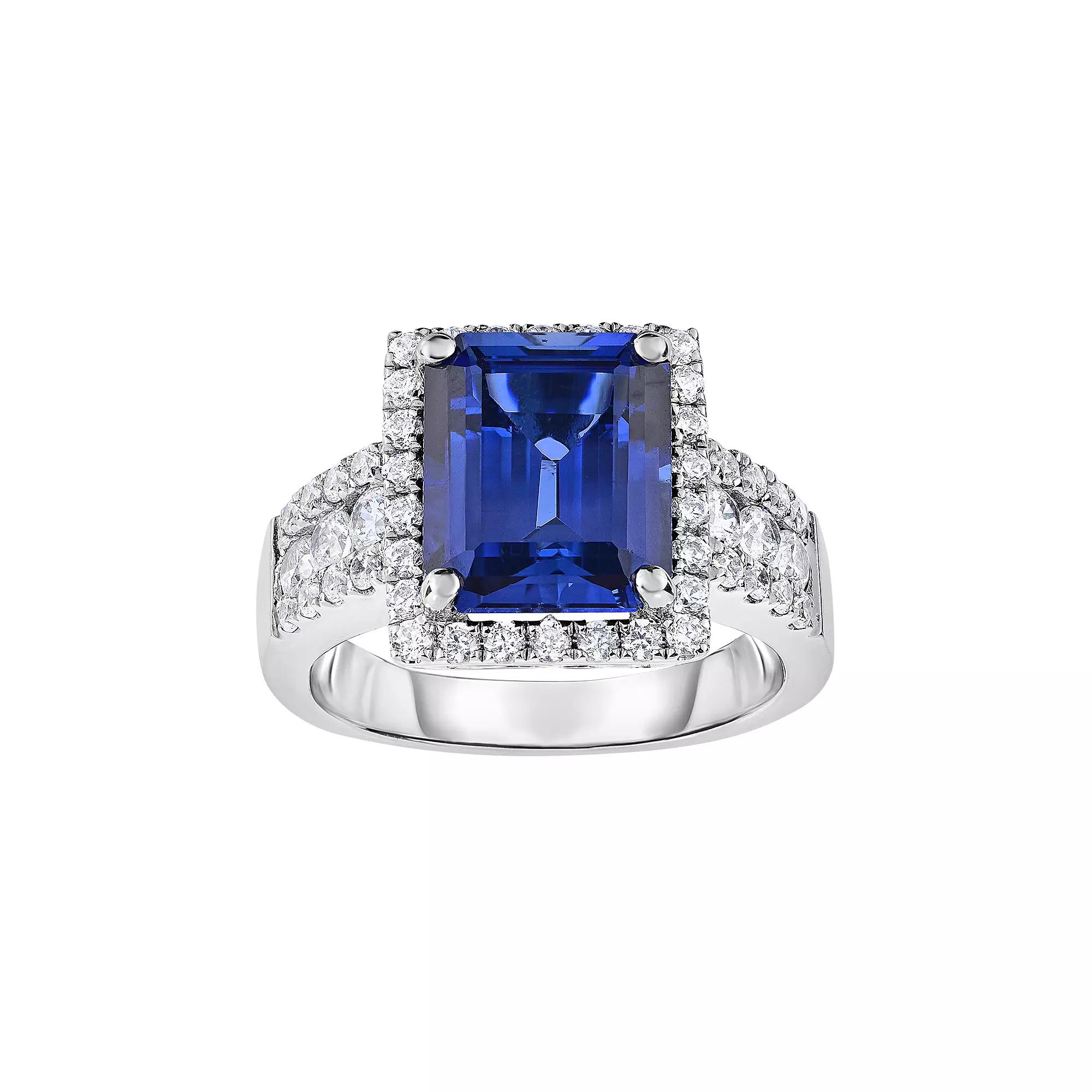 Sterling Silver Lab-Created Sapphire & Cubic Zirconia Square Halo Ring, Women's, Size: 7 Product Image
