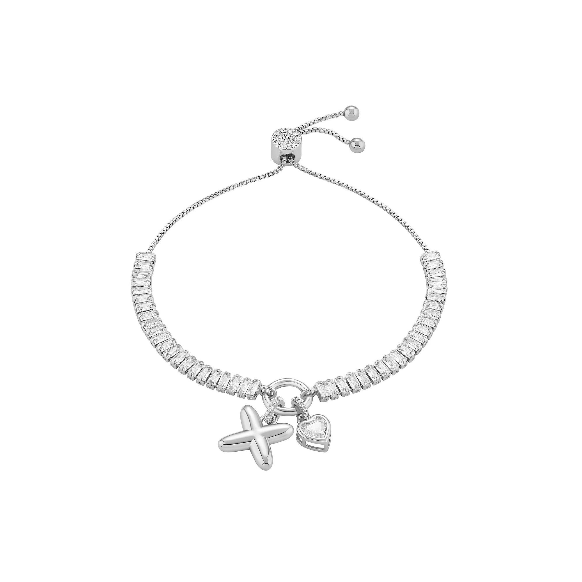 Brilliance Cubic Zirconia Heart & Polished Bubble Initial Charm Adjustable Bracelet, Women's, Size: 4-10" ADJ, Gold Tone M Product Image