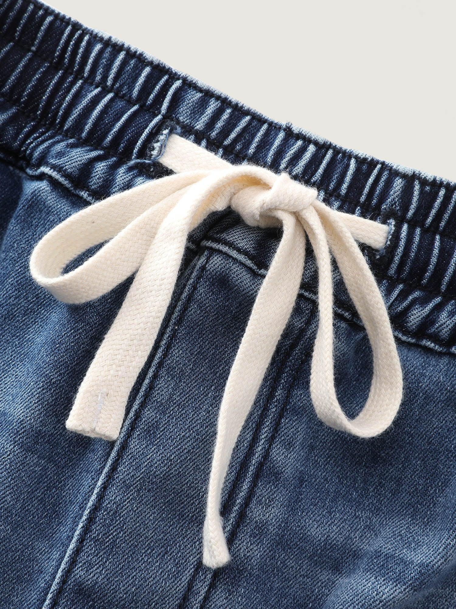 Stretchy Contrast Drawstring Waist Midi Denim Skirt Female Product Image