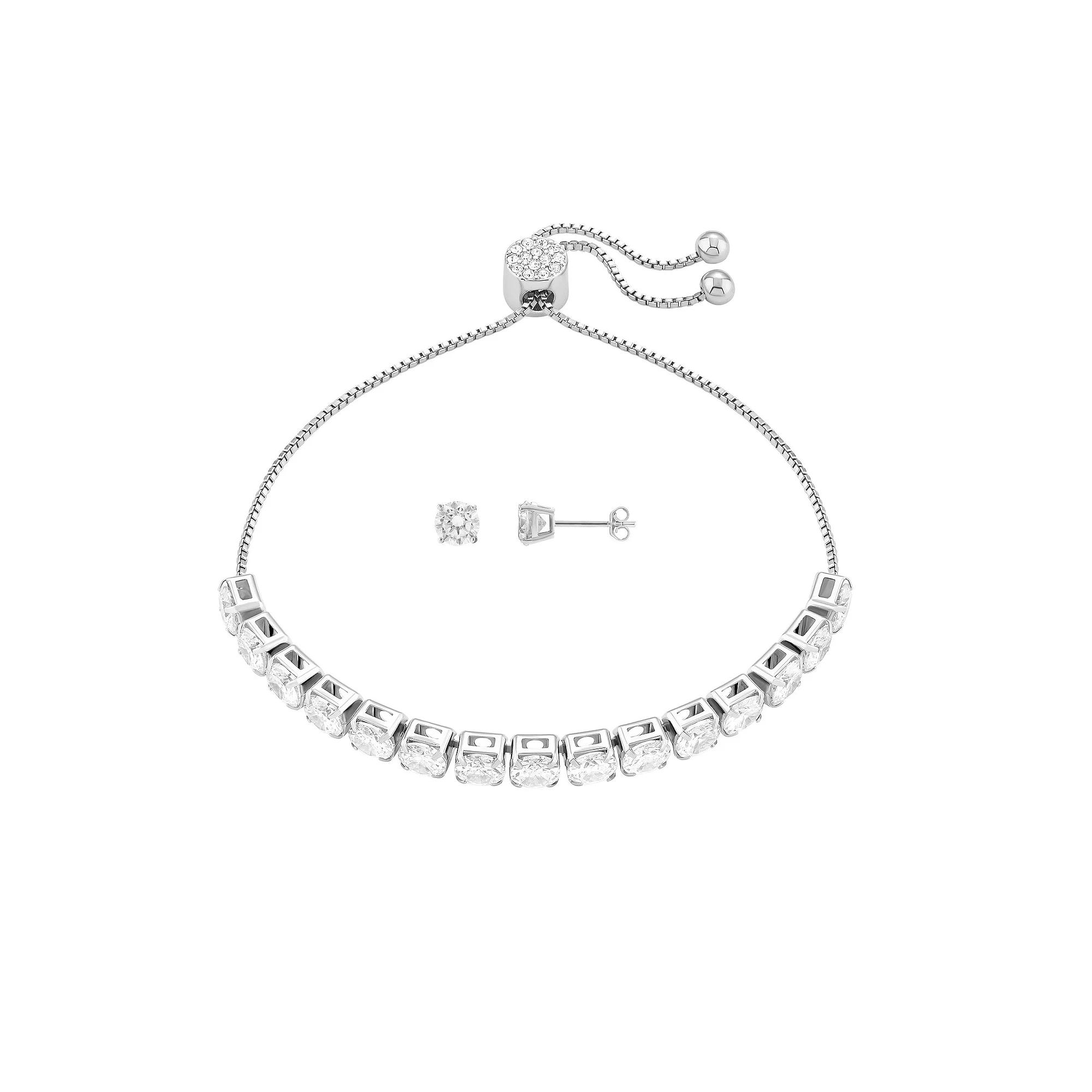 Brilliance Fine Silver Plated Round Cubic Zirconia Stud Earrings & Adjustable Cubic Zirconia Tennis Bracelet Set, Women's, Size: 4-10" ADJ, Silver Tone Product Image