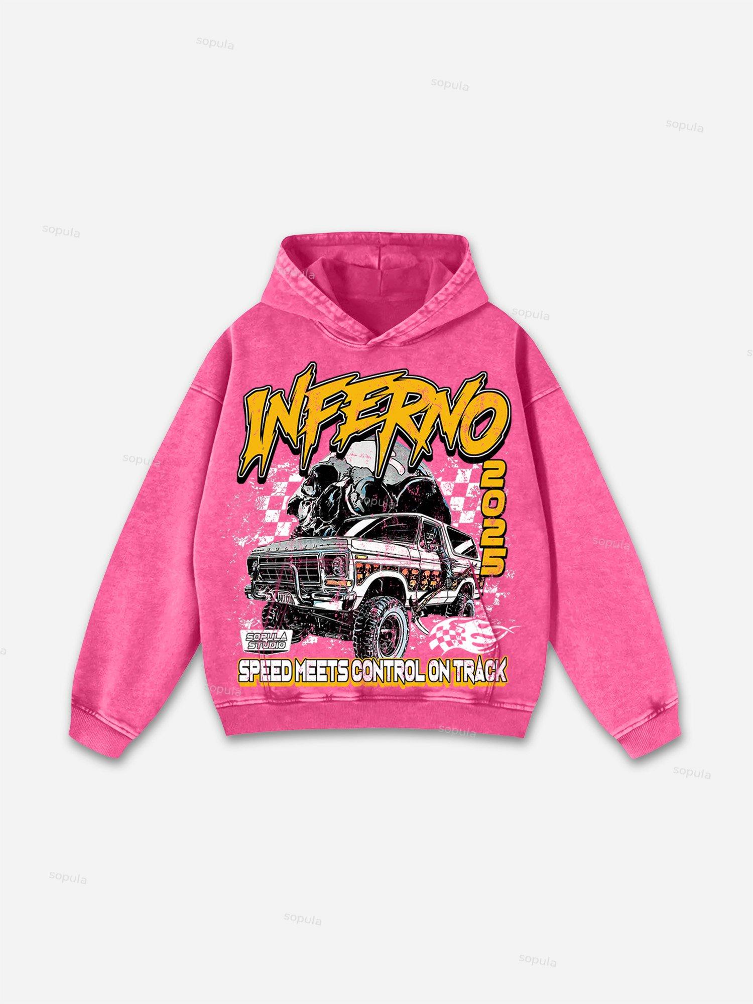Racing Inferno Skeleton Print Washed Hoodie Product Image
