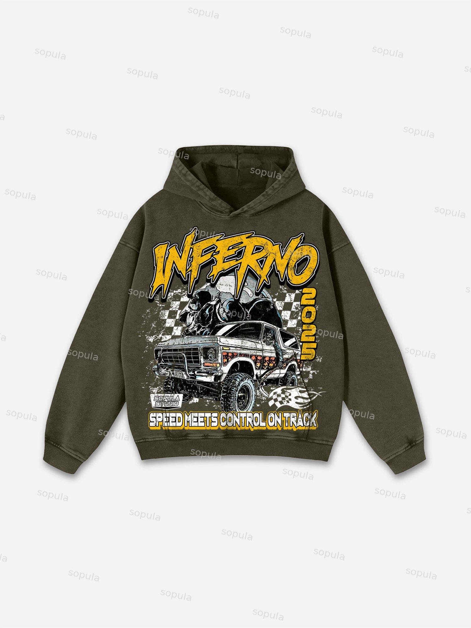 Racing Inferno Skeleton Print Washed Hoodie Product Image