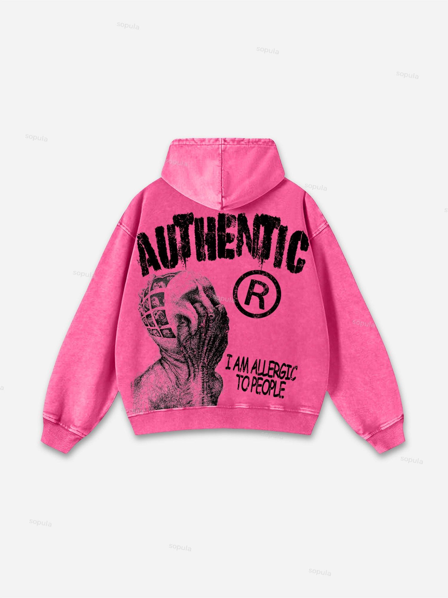 Vintage I Am Allergic To People Graphics Print Washed Hoodie Product Image