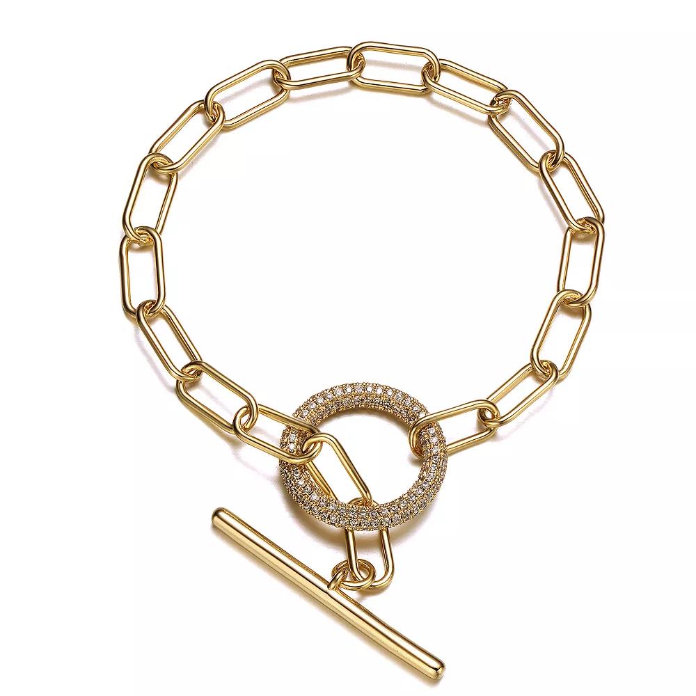 14k Gold Plated Cubic Zirconia Oversized Toggle Clasp Elongated Oval Cable Link Bracelet, Womens Gold Tone Product Image