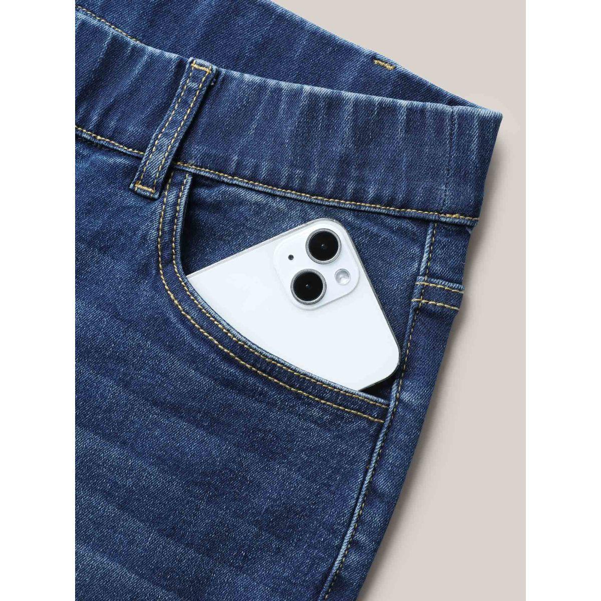 Plus Size Stretchy Waist Whiskered Bootcut Jeans Women Denimindigo Elegant Medium stretch Slanted pocket Jeans BloomChic 30/6X Product Image