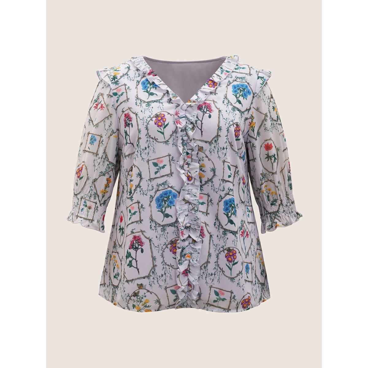 Plus Size Lavender Boho Print Lantern Sleeve Ruffle Trim Blouse Women Elegant Elbow-length sleeve V-neck Everyday Blouses BloomChic 18-20/2X Product Image
