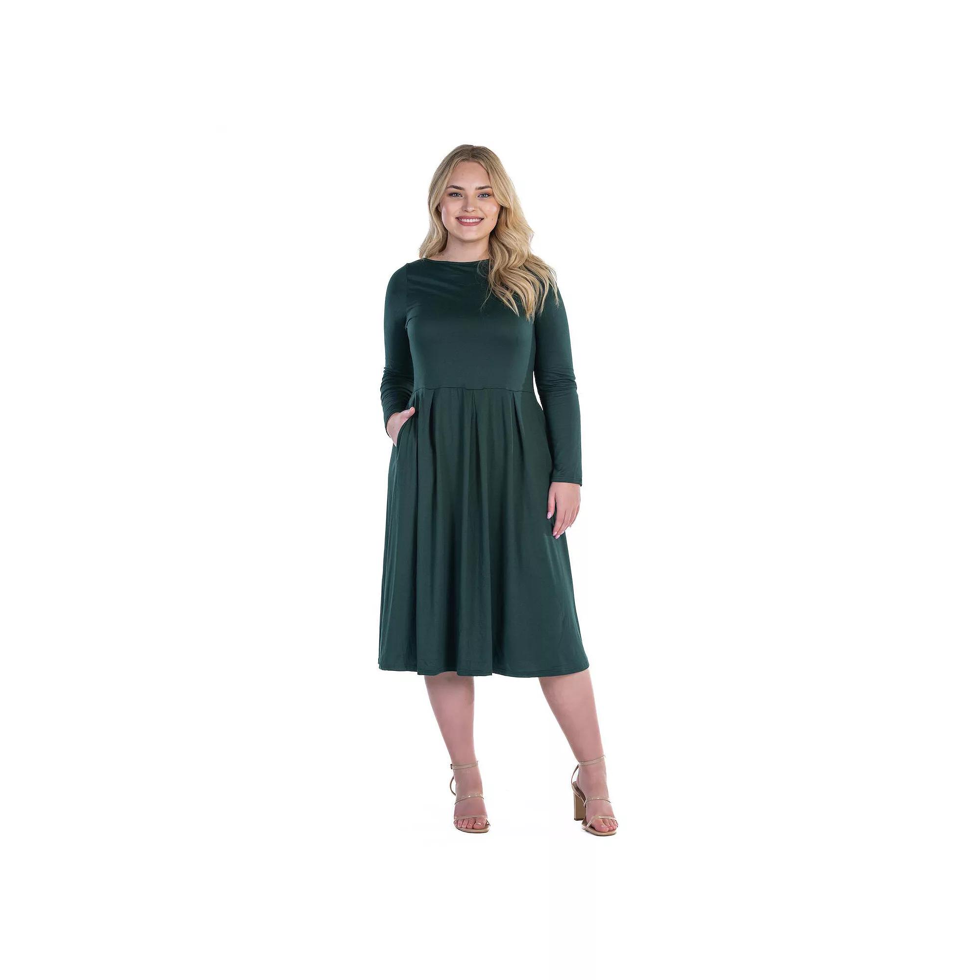 Plus Size 24seven Comfort Apparel Long Sleeve Fit & Flare Midi Dress, Women's, Size: 2XL, Hunter Product Image