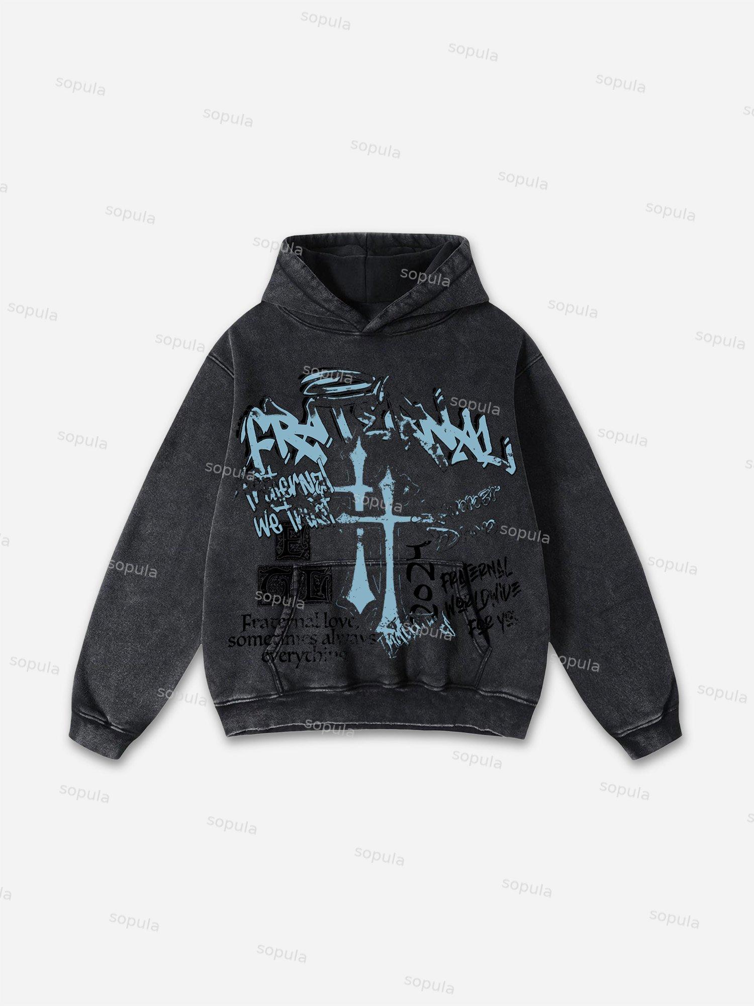 Vintage Fraternal Double Cross Graphic Acid Washed Oversized Hoodie Product Image
