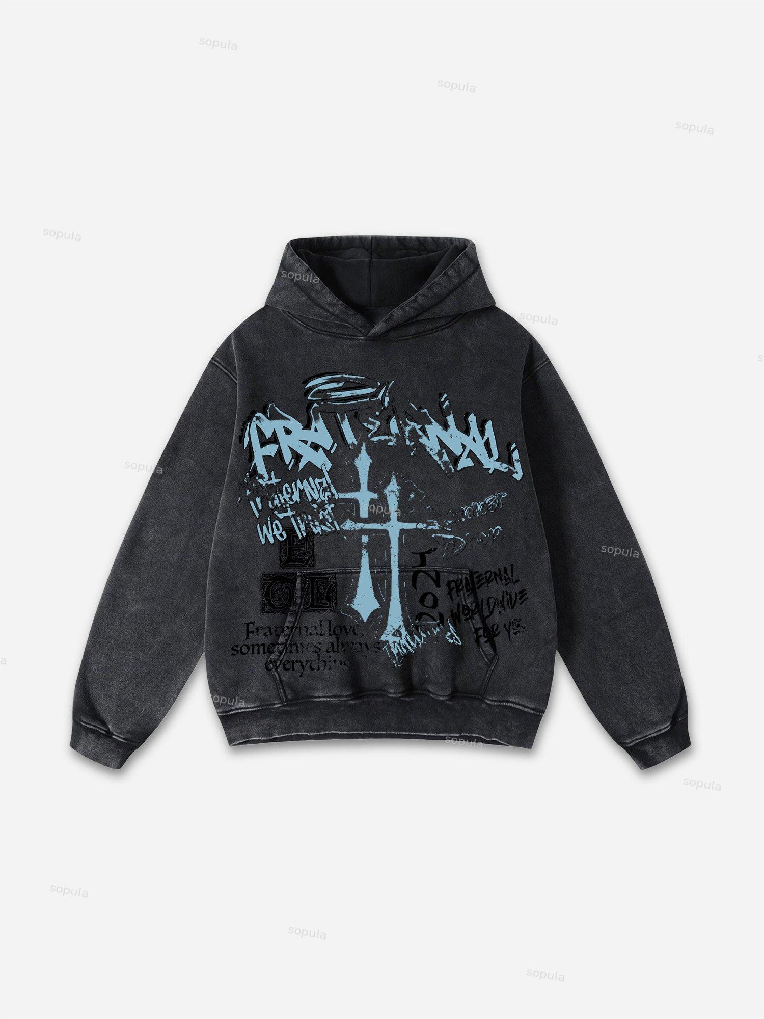 Vintage Fraternal Double Cross Graphic Acid Washed Oversized Hoodie Product Image