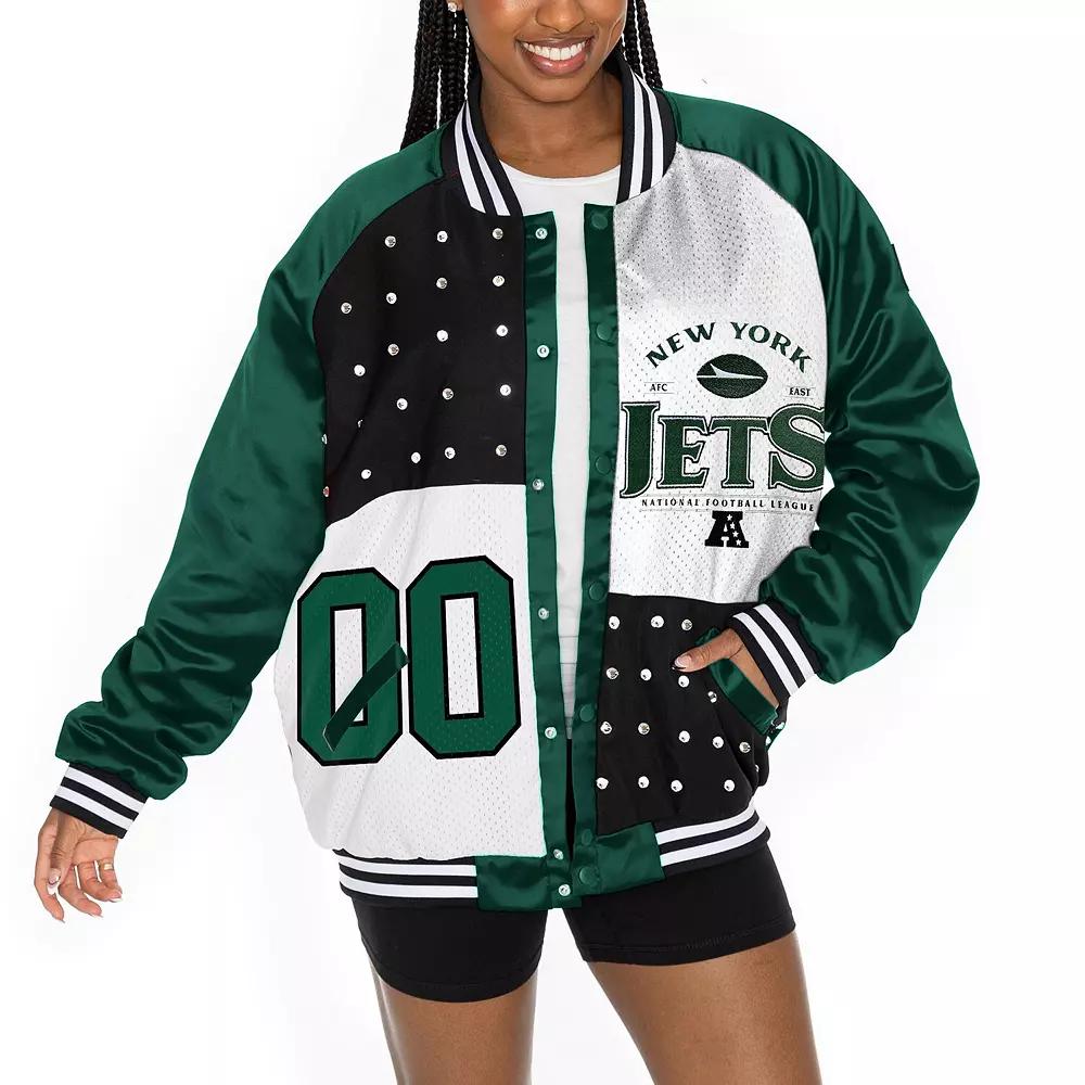 Women's Gameday Couture  Green/White New York Jets Oversized Hot Shot Rhinestone Throwback Full-Snap Varsity Bomber Jacket, Size: Medium Product Image
