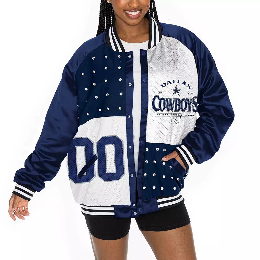 Women's Gameday Couture  Navy/White Dallas Cowboys Oversized Hot Shot Rhinestone Throwback Full-Snap Varsity Bomber Jacket, Size: XS, Blue Product Image