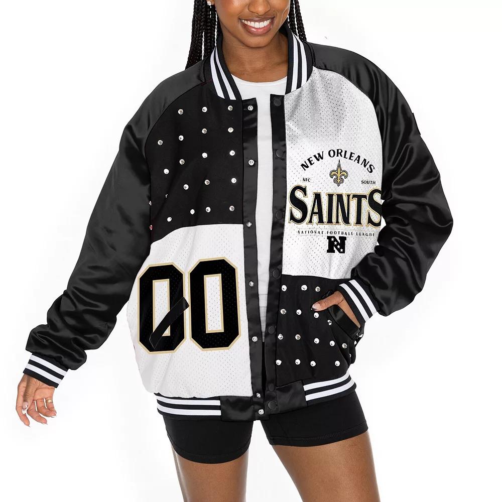 Women's Gameday Couture  Black/White New Orleans Saints Oversized Hot Shot Rhinestone Throwback Full-Snap Varsity Bomber Jacket, Size: XS Product Image