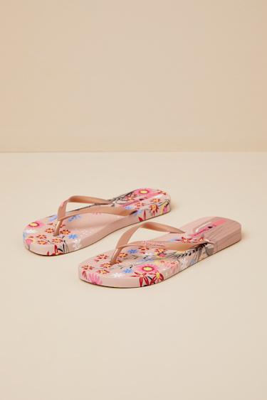 Verao Tropical Beige and Gold Floral Flip Flops Product Image