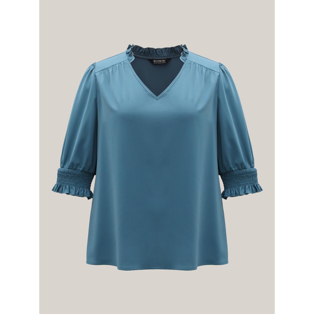 Plus Size Cerulean Shirred Sleeve Collared Plain Blouse Women At the Office Elbow-length sleeve V-neck Work Blouses BloomChic 22-24/3X Product Image