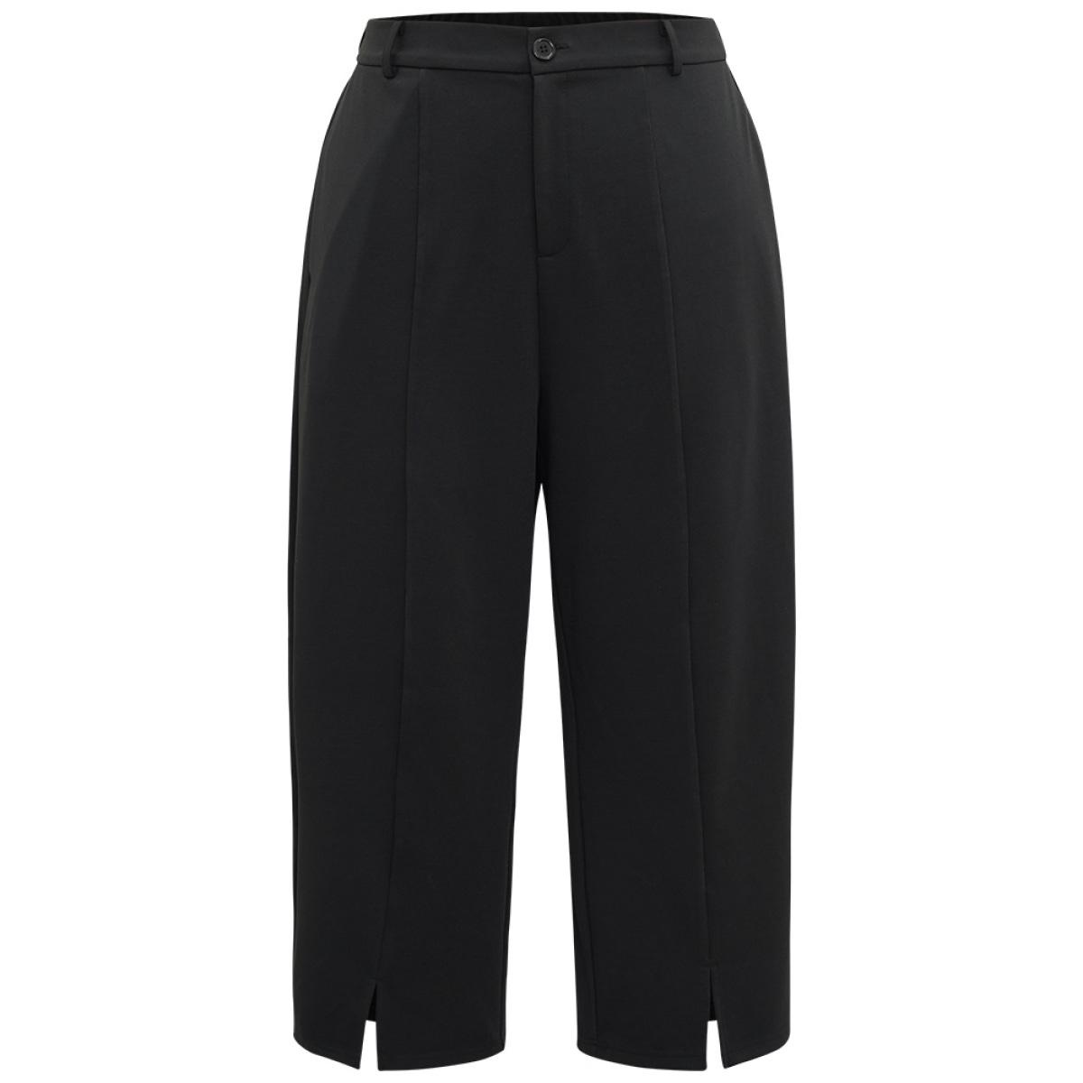 Plus Size Plain Split Front Pleated Pants Women Black At the Office Straight Leg High Rise Office Pants BloomChic 22-24/3X Product Image