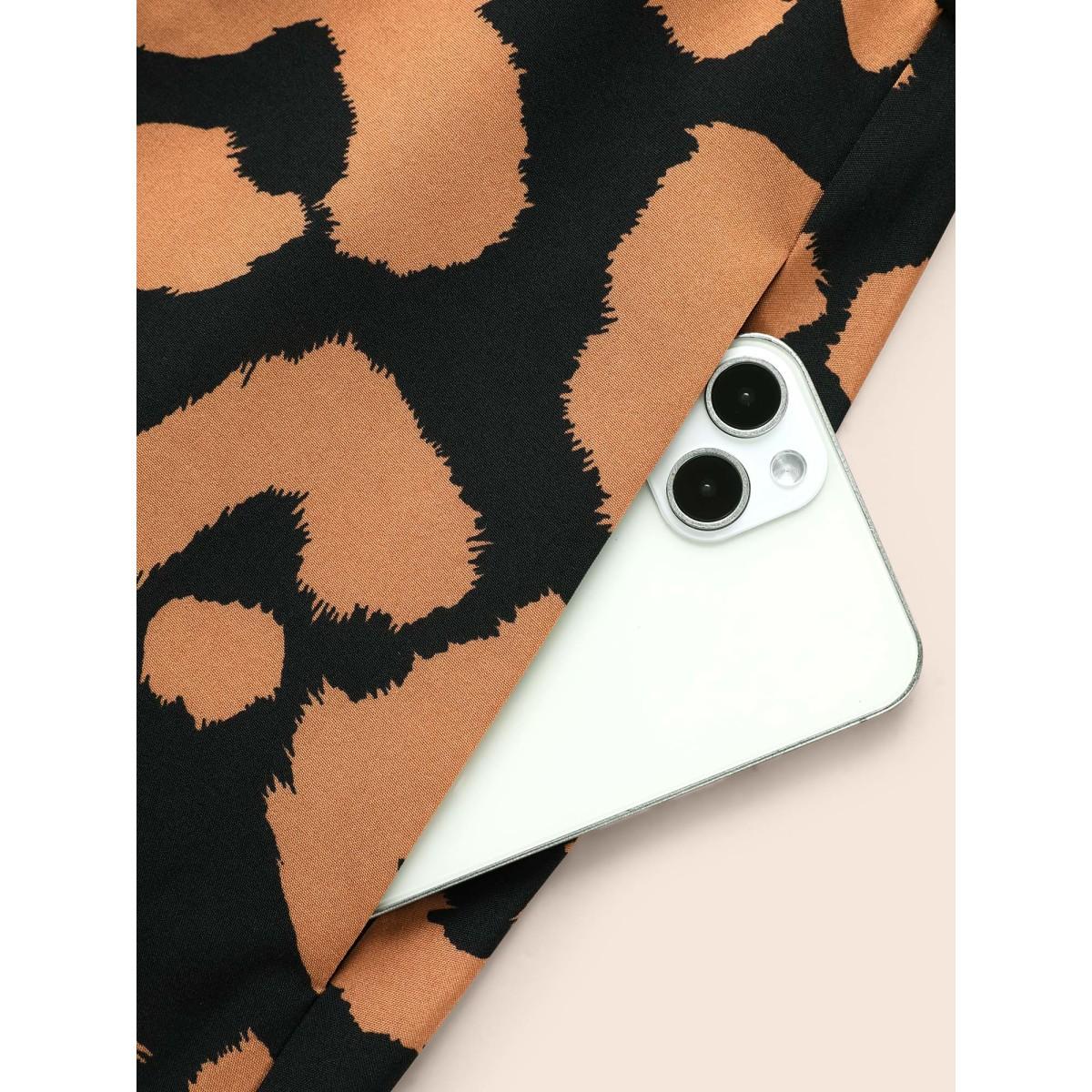 Plus Size Leopard Print Notched Button Detail Dress Bronze Women Elegant Belted Flat collar with V-notch Short sleeve Curvy BloomChic 28/5X Product Image