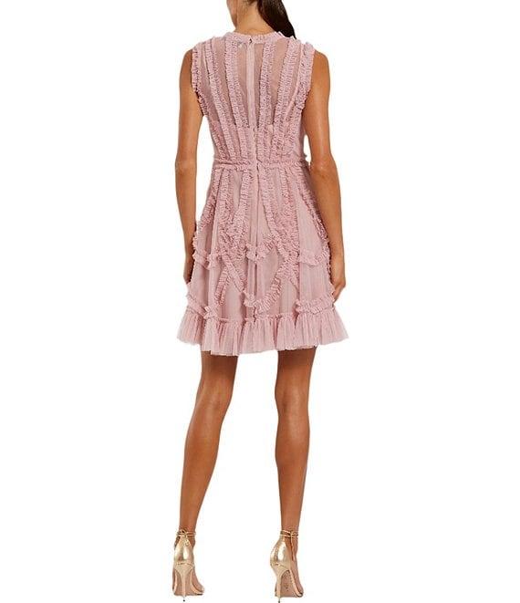 Mac Duggal Illusion Mock Neck Sleeveless Mesh Micro Ruffle Mini Dress Product Image