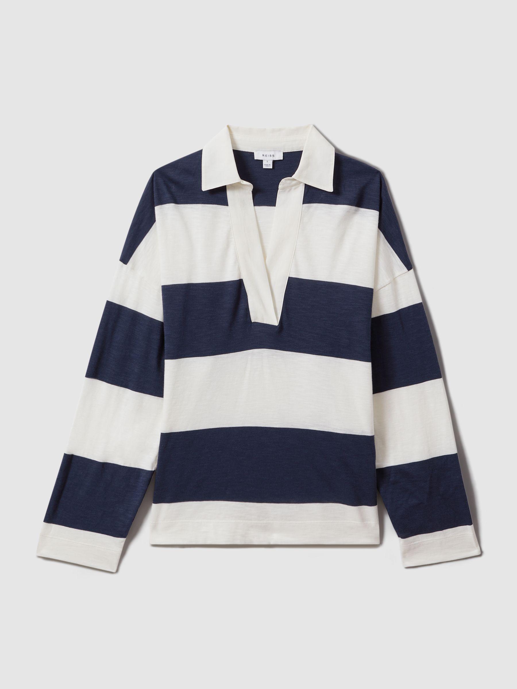 Striped Cotton Open-Collar Jumper in Navy/Ivory Product Image