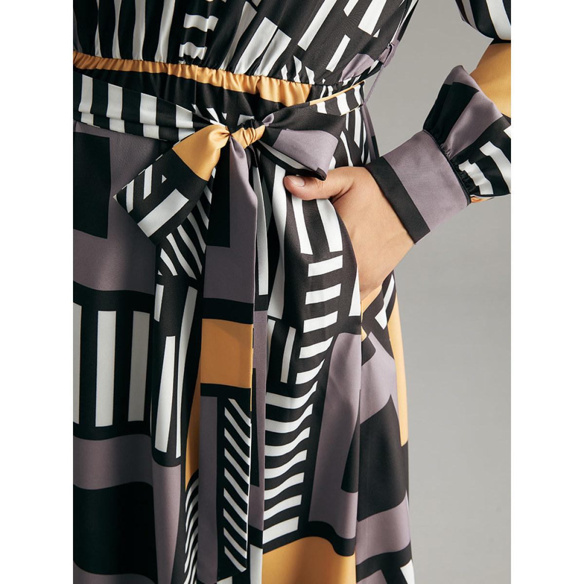 Plus Size Colorblock Geometric Notched Elastic Waist Arc Hem Dress Multicolor Women Office Printed Notched collar Long Sleeve Curvy Midi Dress BloomChic 14-16/1X Product Image