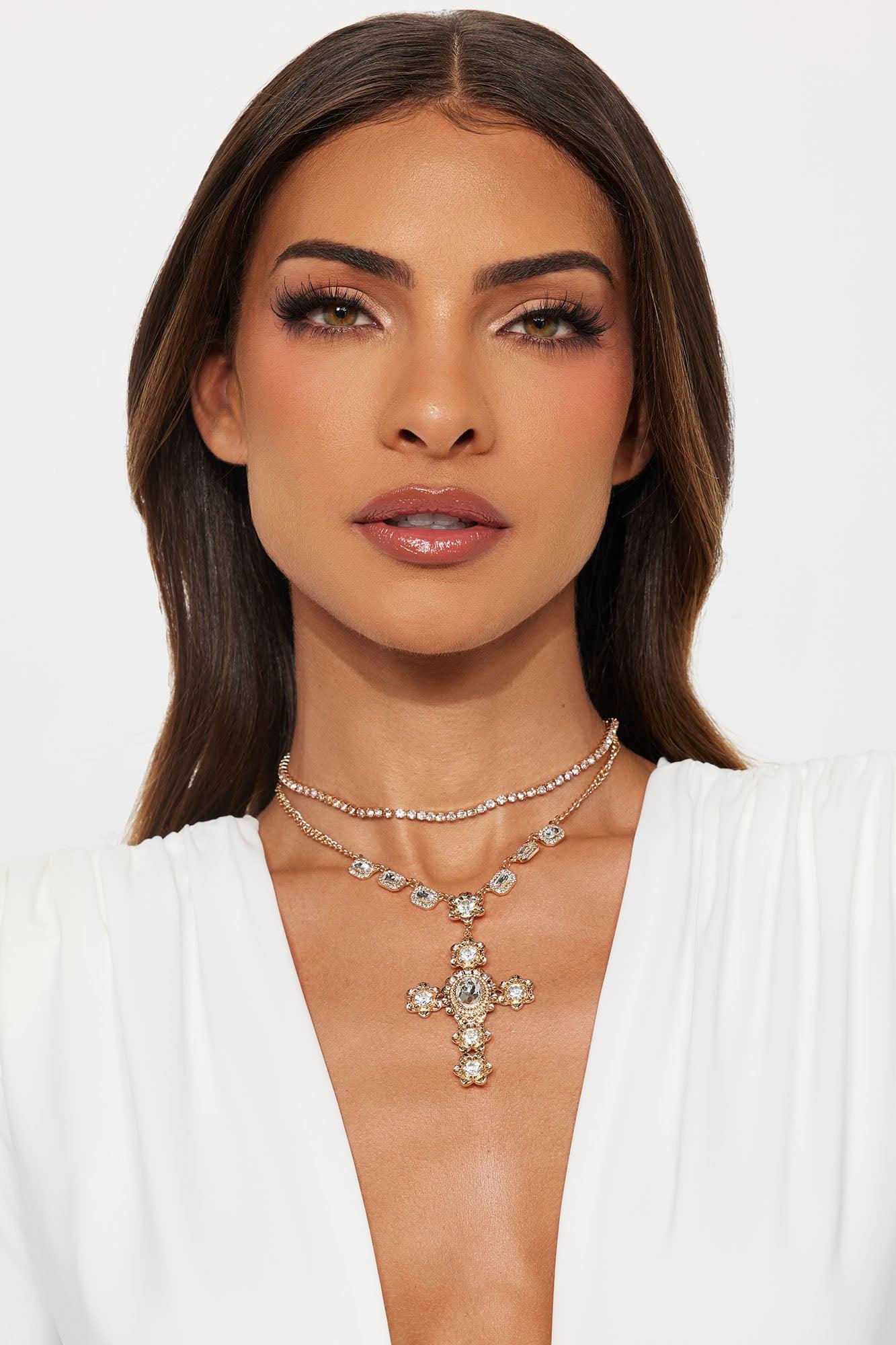 Crossover Me Layered Rhinestone 2 Piece Necklace Set - Gold Female Product Image